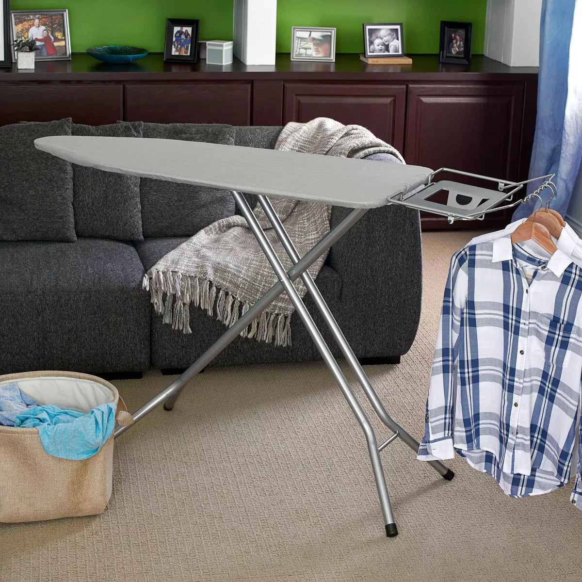 Wide Top Ironing Board with Silver Frame and Silicone-Coated Cotton Cover, Collapsible Design, 49" x 18
