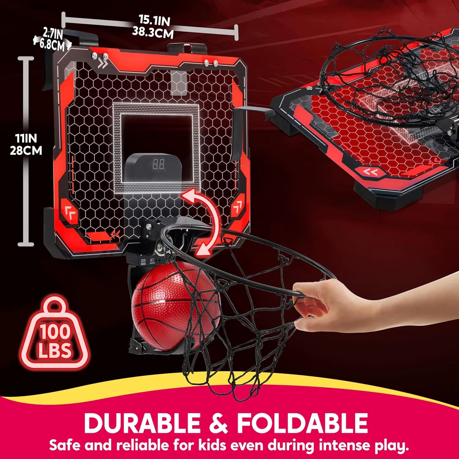 JOYFY Mini Indoor Basketball Hoop Light up over the Door Basket Ball Hoop for Kids Toys Birthday Gifts with Scoreboard & 4 Balls