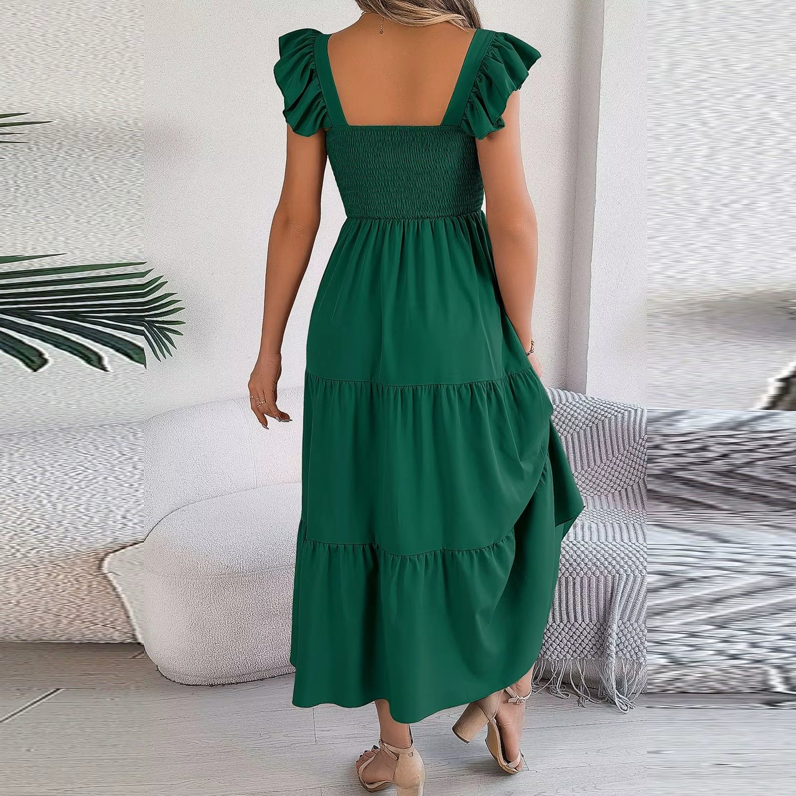 2024 Summer Solid Tank Long Dress for Women Square Collar Sleeveless A-Line Maxi Dress Backless Slim Waist Pleated Beach Dresses