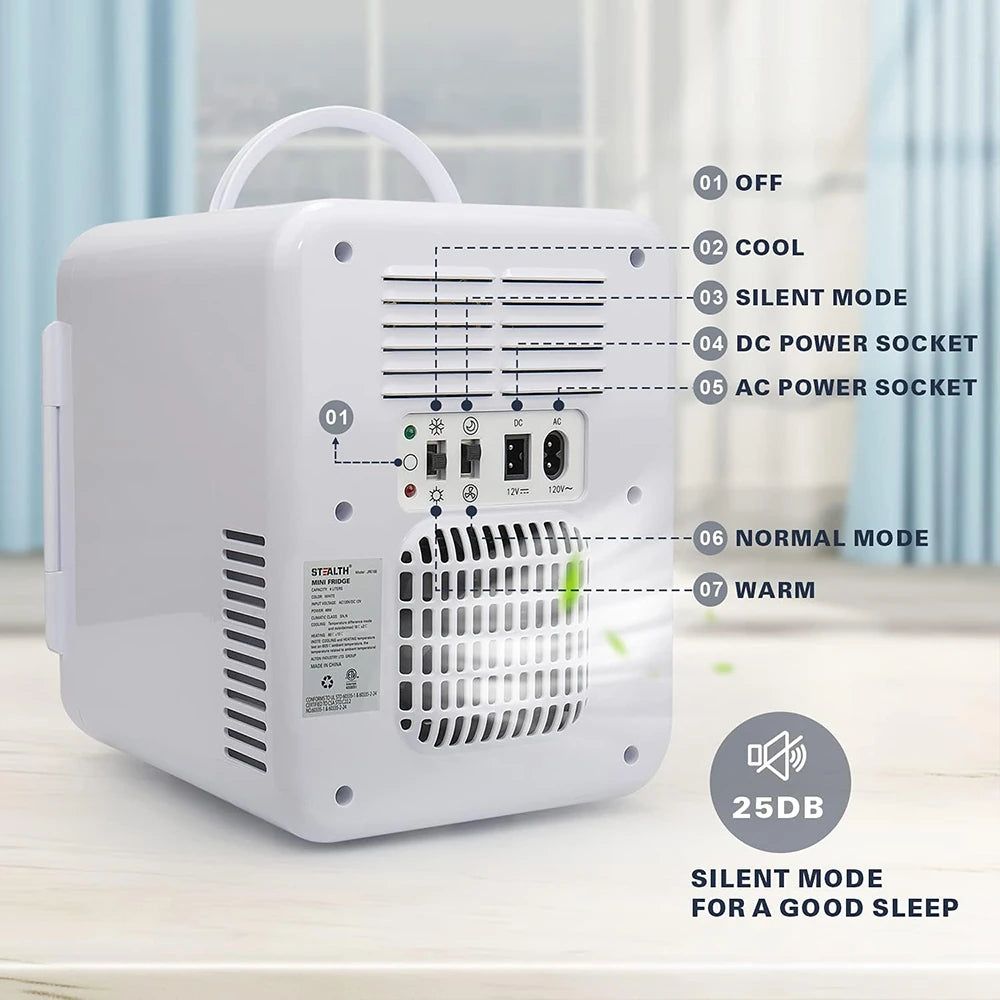 [US Direct] Stealth JRE100 Mini Fridge for Bedroom 4 Liter/6 Can Small Refrigerator AC/DC Cooler & Warmer for Dorm Car Office, Portable Compact Skincare Fridge for Skin Care Cosmetic Makeup Beverage