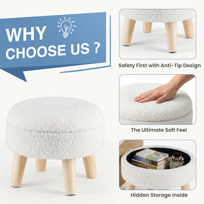 JHK Round Velvet Storage Ottoman with Padded Seat and Hidden Storage, Wood Legs for Living Room and Bedroom