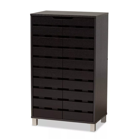 Ernest Brown Wood Shoe Storage Cabinet - Dark Brown, 2-Door Organizer for 18 Pairs with Slatted Doors 