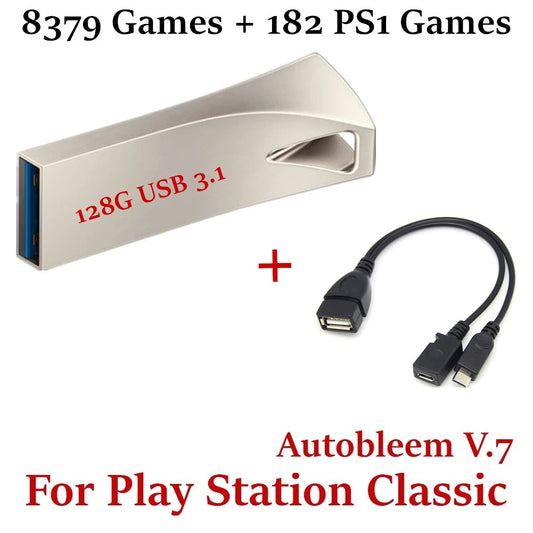 128 GB Flash Drive U-Disk for Playstation Classic 8379 Games + 182 PS1 Games Plug & Play with Micro USB OTG Cable