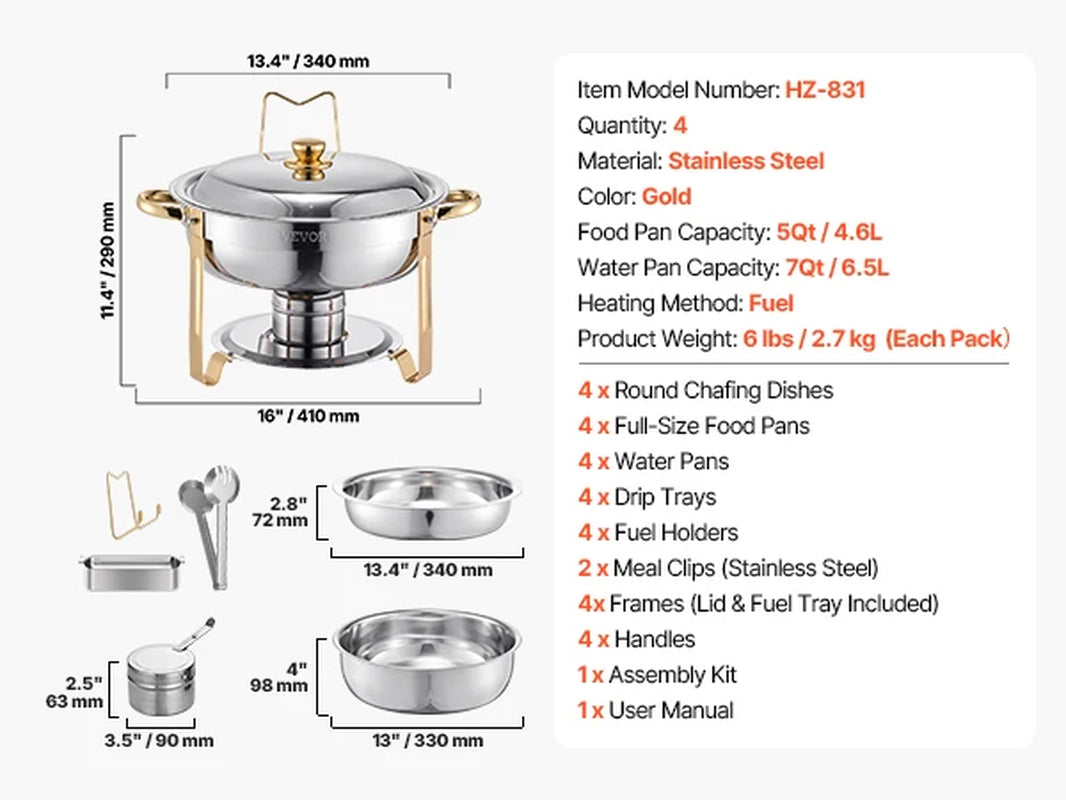Succebuy Stainless Steel Chafing Dish Buffet Set - 4 Pack Round Catering Warmers with Full Size Pans for Parties and Banquets