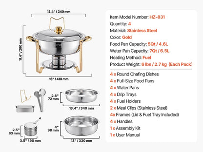 Succebuy Stainless Steel Chafing Dish Buffet Set - 4 Pack Round Catering Warmers with Full Size Pans for Parties and Banquets