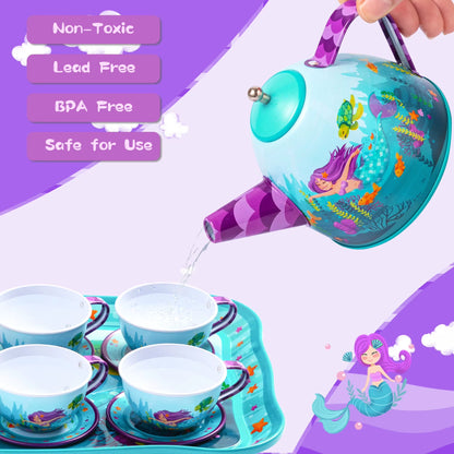 Mermaid-Themed Tea Party Set for Girls - Pretend Play Tin Teapot Kitchen Toy for Toddlers Ages 2 to 6