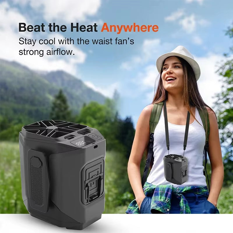 Rechargeable Portable Waist Fan with Flashlight and Power Bank Function for Hands-Free Use in Outdoor and Indoor Activities