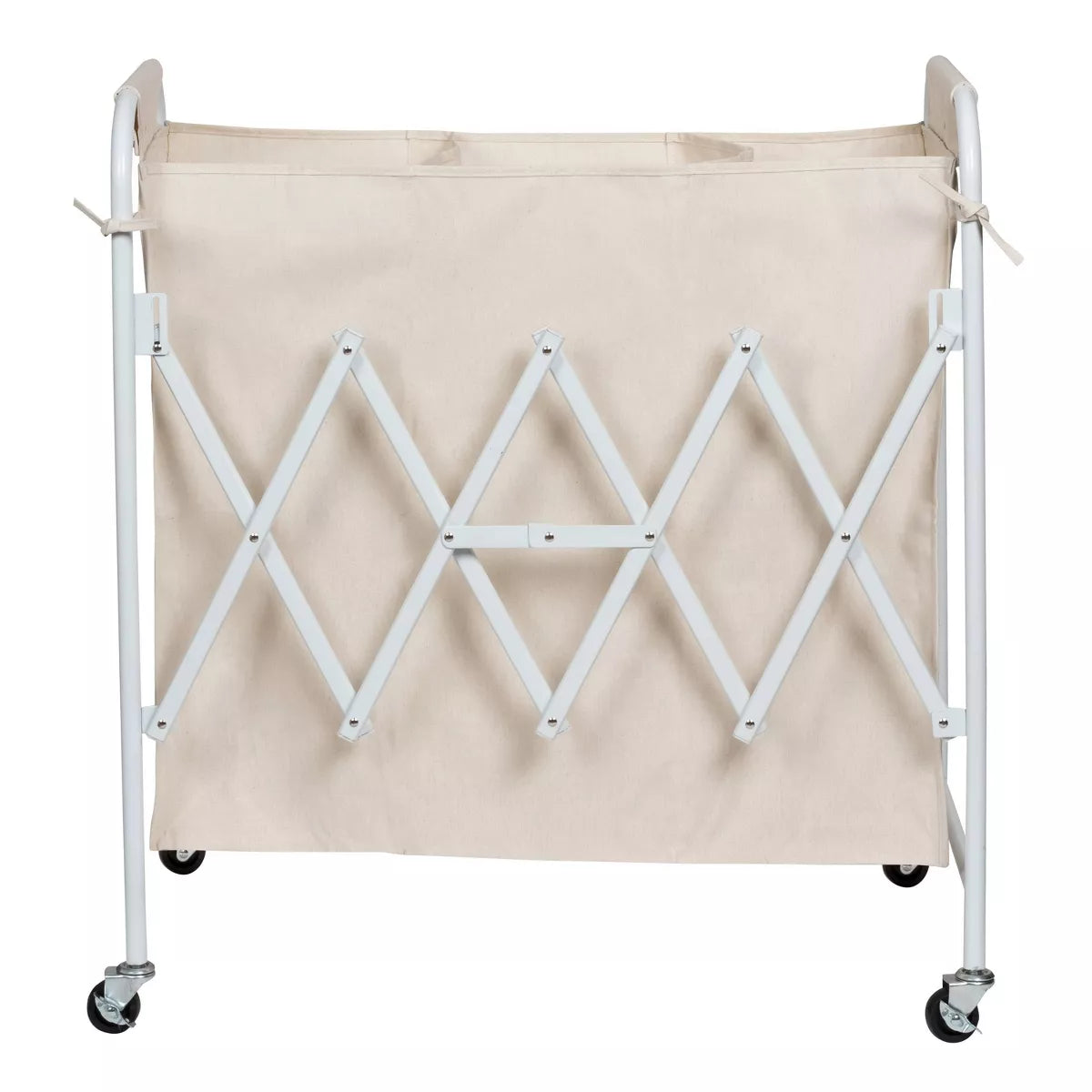 Accordion Triple Sorter - White Steel Rolling Laundry Hamper with Wheels, Collapsible Open-Top Design