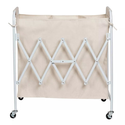 Accordion Triple Sorter - White Steel Rolling Laundry Hamper with Wheels, Collapsible Open-Top Design