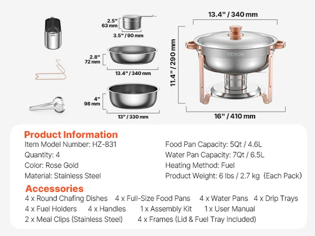 Succebuy Stainless Steel Chafing Dish Buffet Set - 4 Pack Round Catering Warmers with Full Size Pans for Parties and Banquets