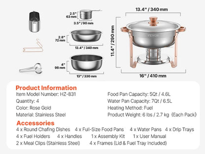 Succebuy Stainless Steel Chafing Dish Buffet Set - 4 Pack Round Catering Warmers with Full Size Pans for Parties and Banquets