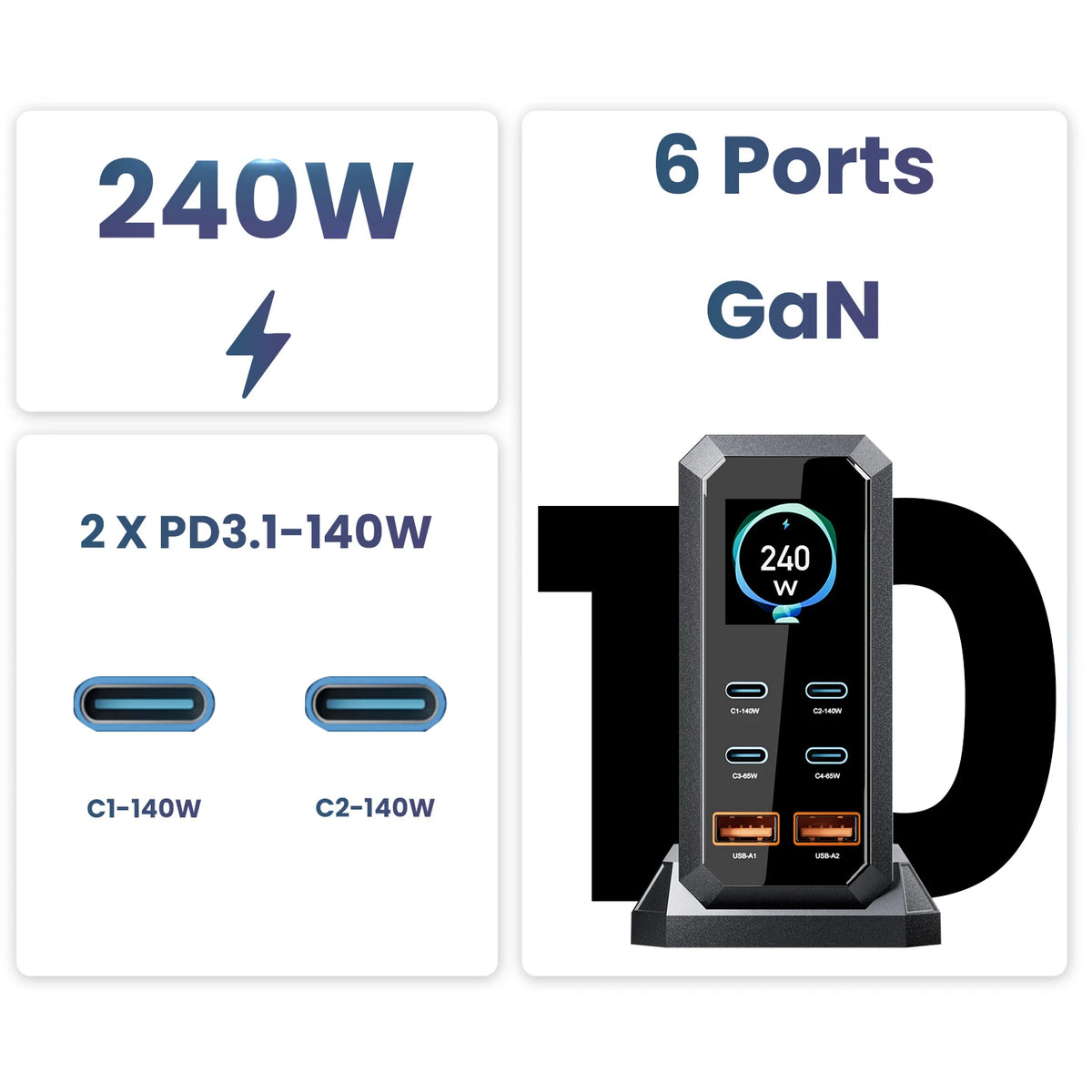 ASOMETECH 240W GaN Fast Charging Station - 6-in-1 Desktop Charger with 140W PD3.1, USB Type-C, QC3.0, and PPS for MacBook, iPhone 16, and Samsung Devices