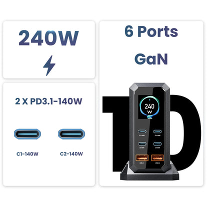 ASOMETECH 240W GaN Fast Charging Station - 6-in-1 Desktop Charger with 140W PD3.1, USB Type-C, QC3.0, and PPS for MacBook, iPhone 16, and Samsung Devices