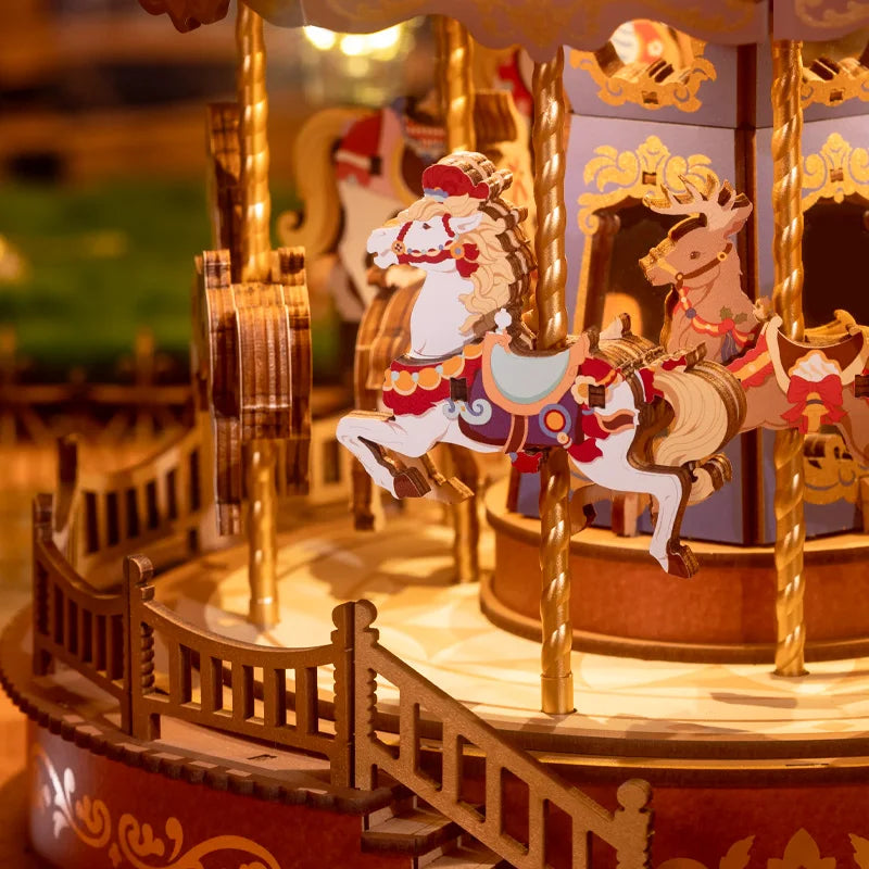 Robotime 3D Wooden Puzzle Carousel Music Box with LED Lights Gear Model Building Construction Craft Kits Xmas Gifts for Adult
