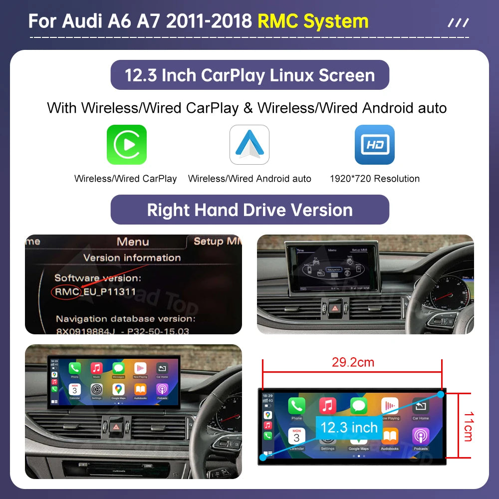 12.3" Linux Multimedia Display for Audi A6 C6 and A7 C7 (2011-2018) with Wireless CarPlay, Android Auto, and AirPlay Integration