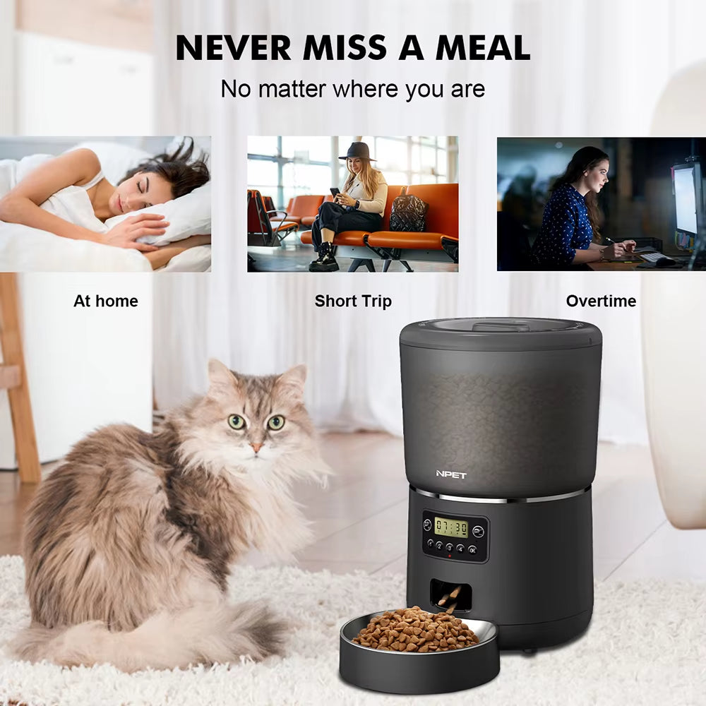 NPET 4L Automatic Smart Pet Feeder for Cats Dogs Multiple Pets with Stainless Steel Bowl Customize Healthy Food 1-9 Portions