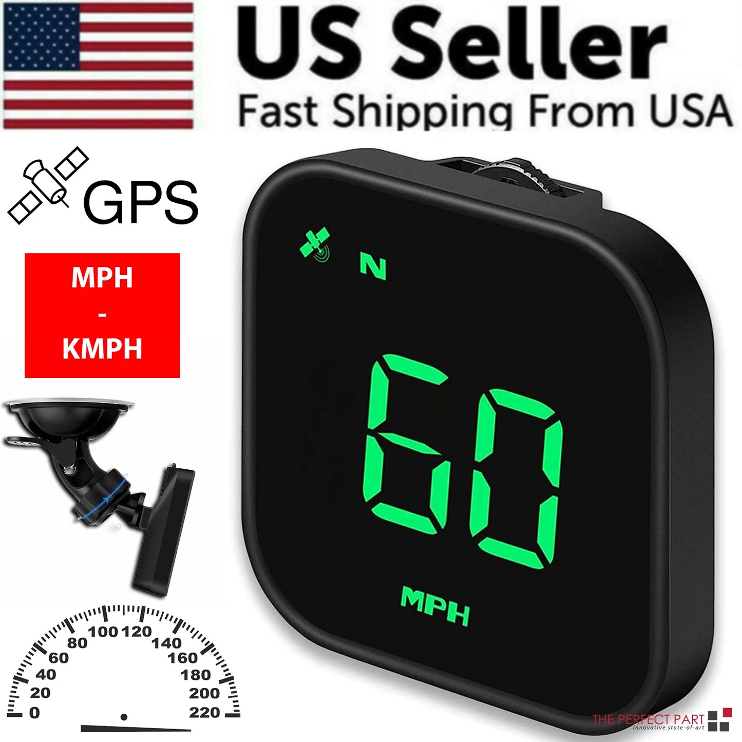 Digital Car HUD GPS Speedometer Head up Display MPH KMH Compass Overspeed Alarm