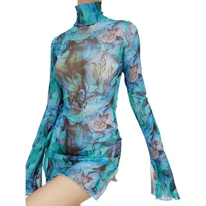 Ladies Mesh Printed Y2K Vintage Dress High Street Slim Elastic Bodycon Party Dress round Neck Bell Sleeve Side Open Hip Dresses