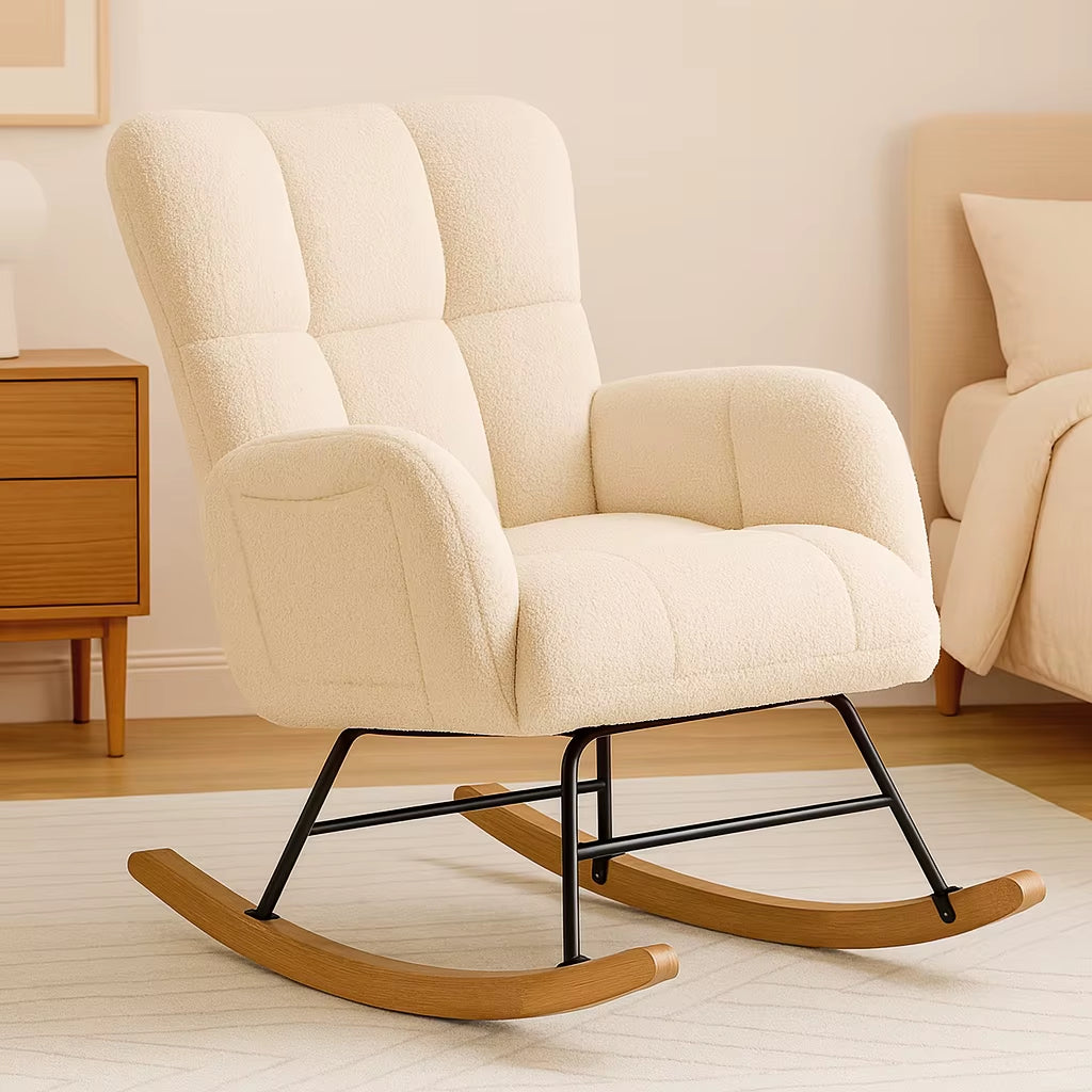 COMHOMA Teddy Glider Rocking Chair with Side Pockets, High Back Design for Adults - Ideal for Bedroom and Living Room