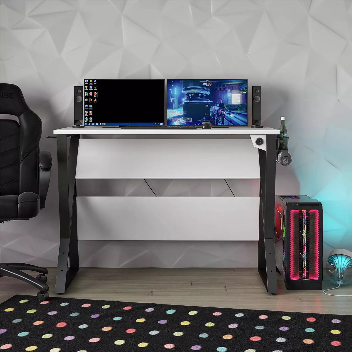 Genesis Adjustable Gaming Desk White - Modern MDF PC Desk with USB Port, Headphone Hook, Cup Holder