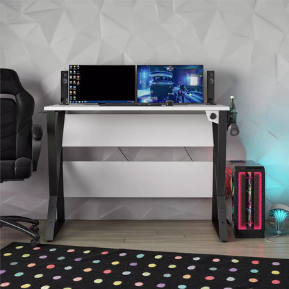 Genesis Adjustable Gaming Desk White - Modern MDF PC Desk with USB Port, Headphone Hook, Cup Holder