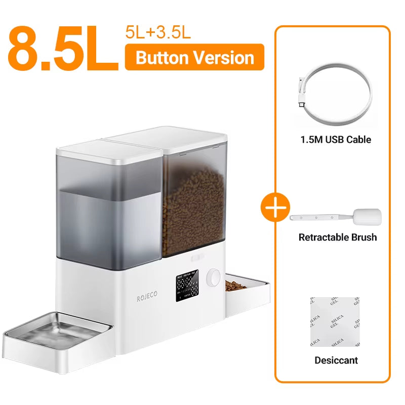 ROJECO 2In1 Automatic Pet Feeder Gravity Water Fountain 8.5L Button Version Auto Cat Kibble Dispenser with Water Refill Drinker