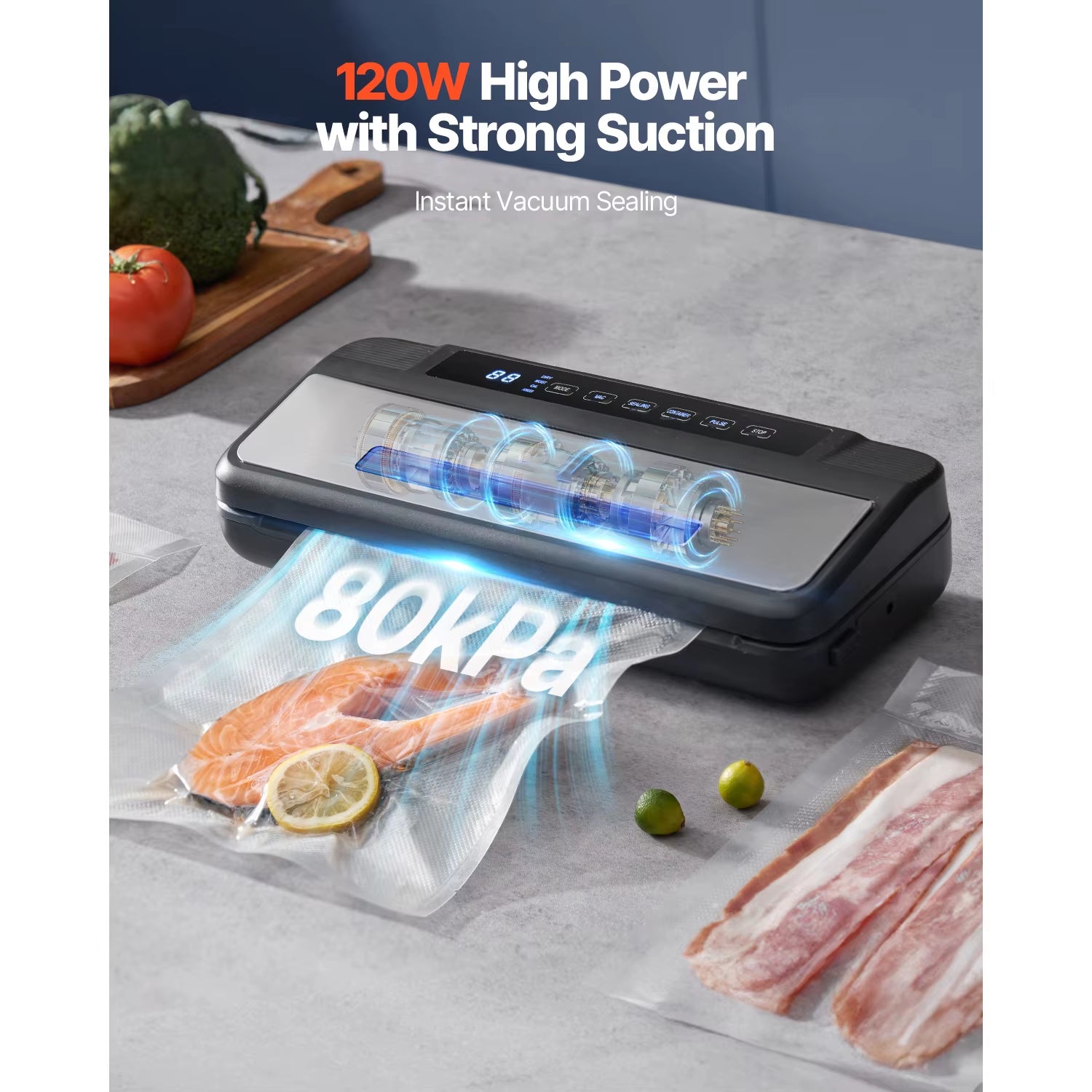 80Kpa 120W Electric Vacuum Sealer Machine 7-In-1 Wet Food Sealer with Free 10Pcs Vacuum Bags for Kitchen Food Storage