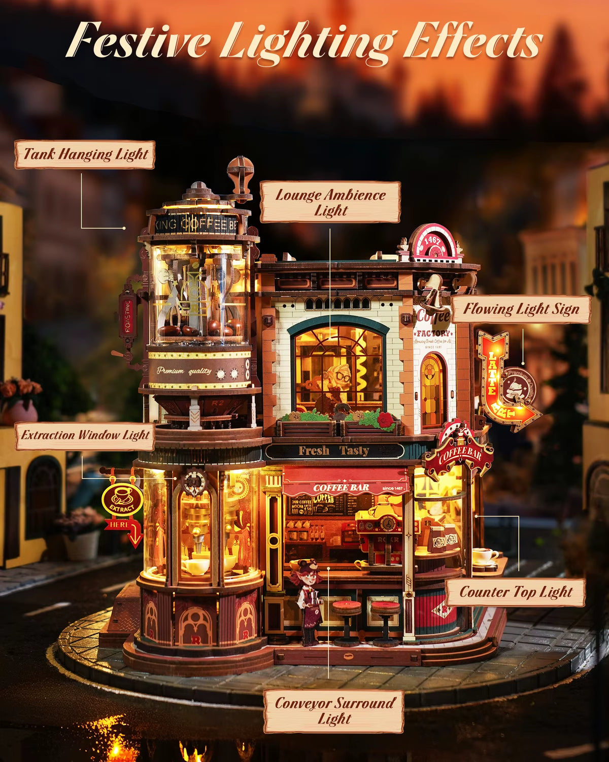 ROKR Wooden 3D Puzzle Dream Coffee Factory Music Box Model Building Kit - 593-Piece DIY Miniature House with LED Light, Unique Home Decor Gift for Adults and Women