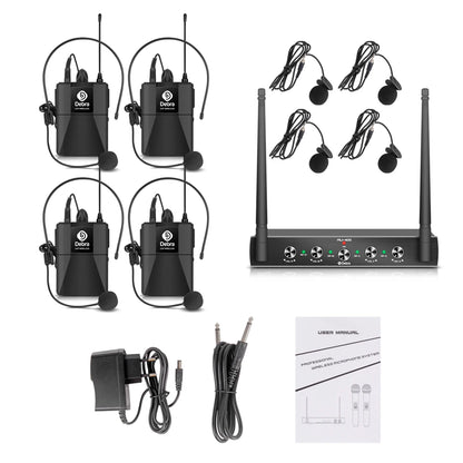Pro UHF 4 Channels Wireless Microphone System with 4 Bodypack Lavalier Headset Portable Mic for Karaoke Church Party