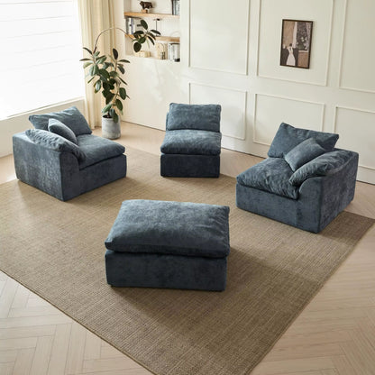 109" Modern L-Shaped Oversized 3-Seater Sofa in Blue Chenille Fabric with Modular Ottoman