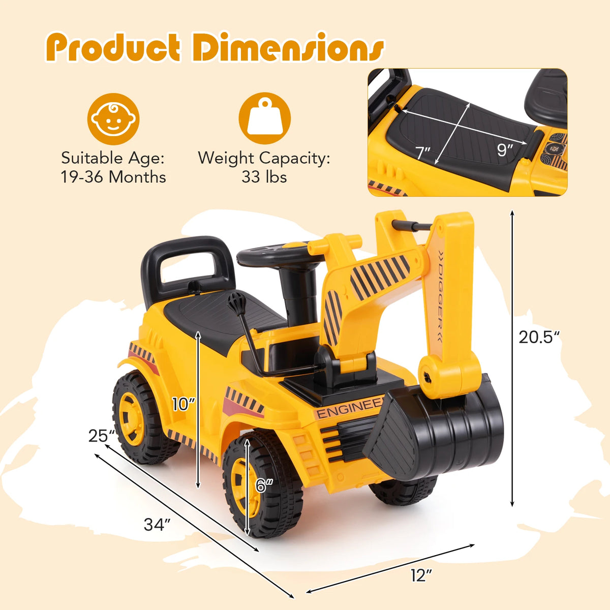 Children's Ride-On Excavator with Adjustable Shovel, Anti-Tipping Block, and Engine Sound Features