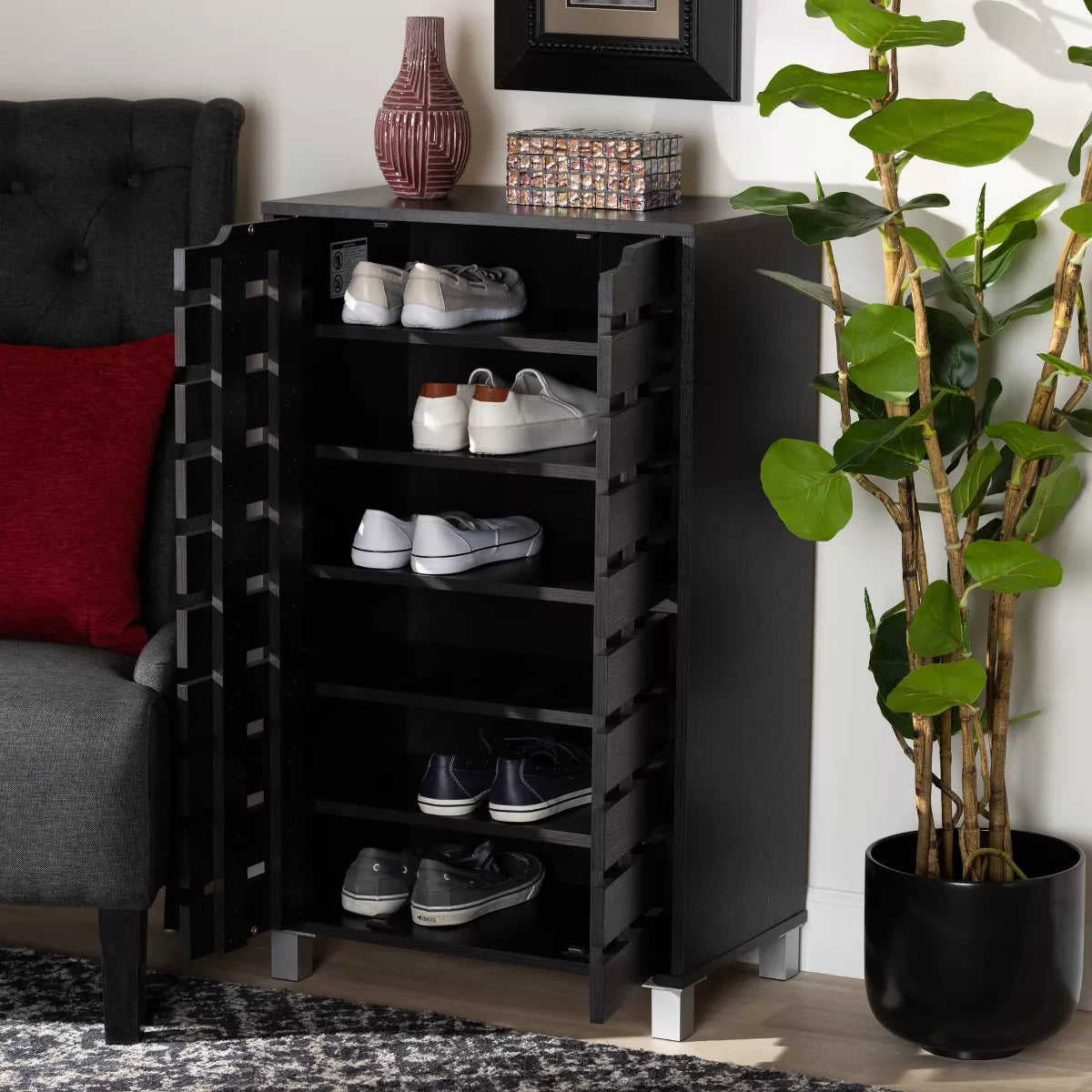 Ernest Brown Wood Shoe Storage Cabinet - Dark Brown, 2-Door Organizer for 18 Pairs with Slatted Doors 