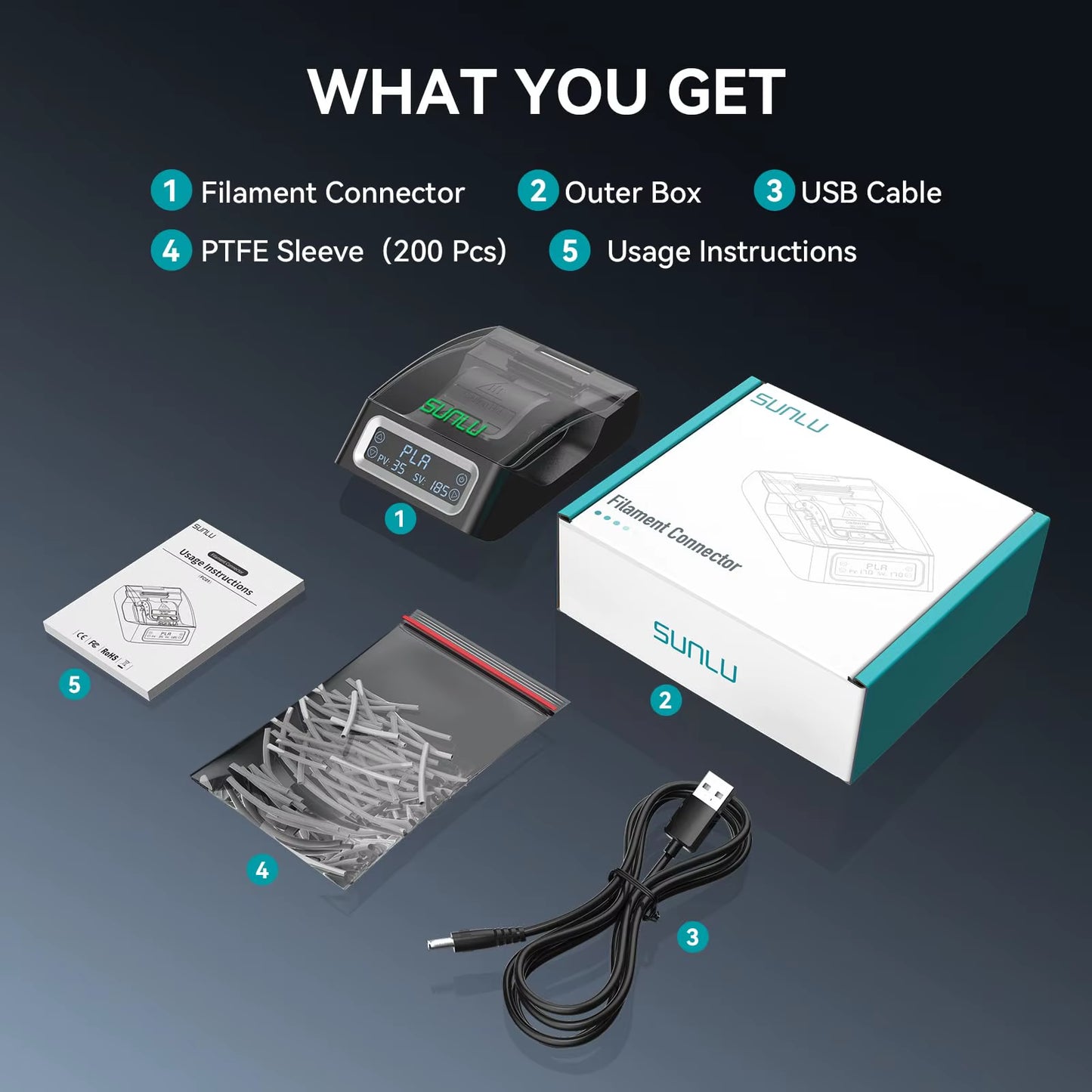 SUNLU Filament Connector for Pla/Petg/Tpu/Abs/Pa/Nylon Filament Splicer with 200Pcs PTFE Sleeve for 3D Printer Filament Heating