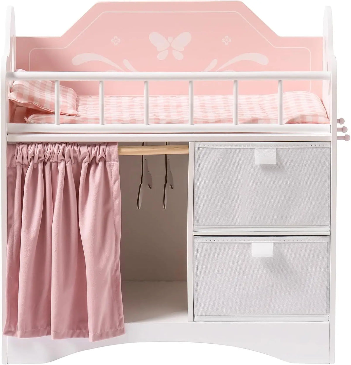 Robotime Wooden Baby Doll Crib with Storage and Bedding, Fits Dolls up to 21", Suitable for Girls 3+, Pink