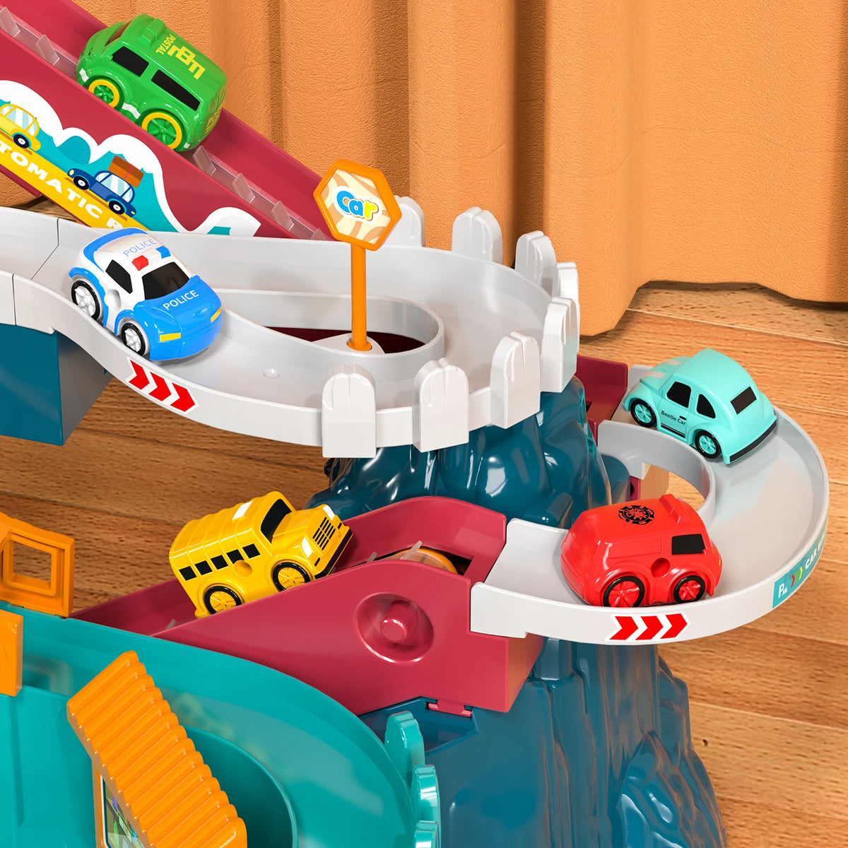 Boys Dinosaur Race Track Playset with Rolling Hills and Ramp for Mini Cars