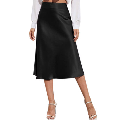 Aesthetic Satin A-Line Skirt Women'S Bright Face High Waist Solid Color Side Split Skirt with Zipper Knee Length Office Wear
