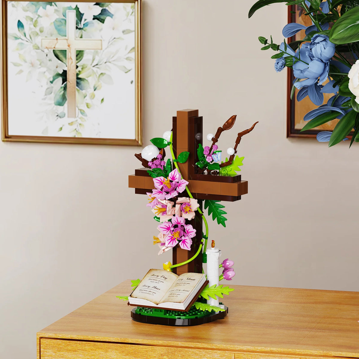 Jesus Cross Floral Building Set - Religious Collectible Block Toys for Christmas and Christian Celebrations, Ideal Gifts for Mothers and Women