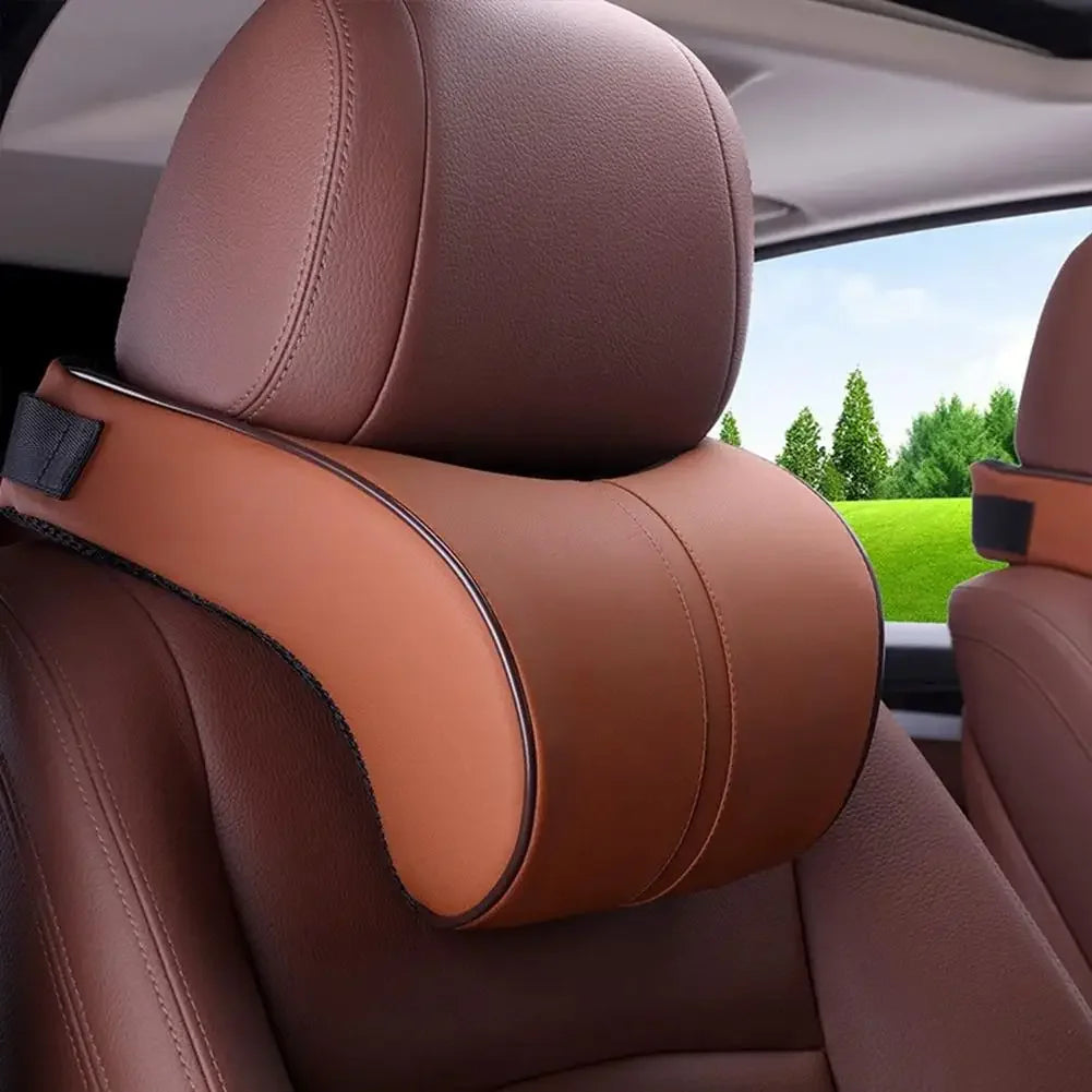Adjustable Breathable Memory Foam Car Headrest and Neck Pillow with Leather Finish, Includes Car Waist Pad - Automotive Decorative Accessories