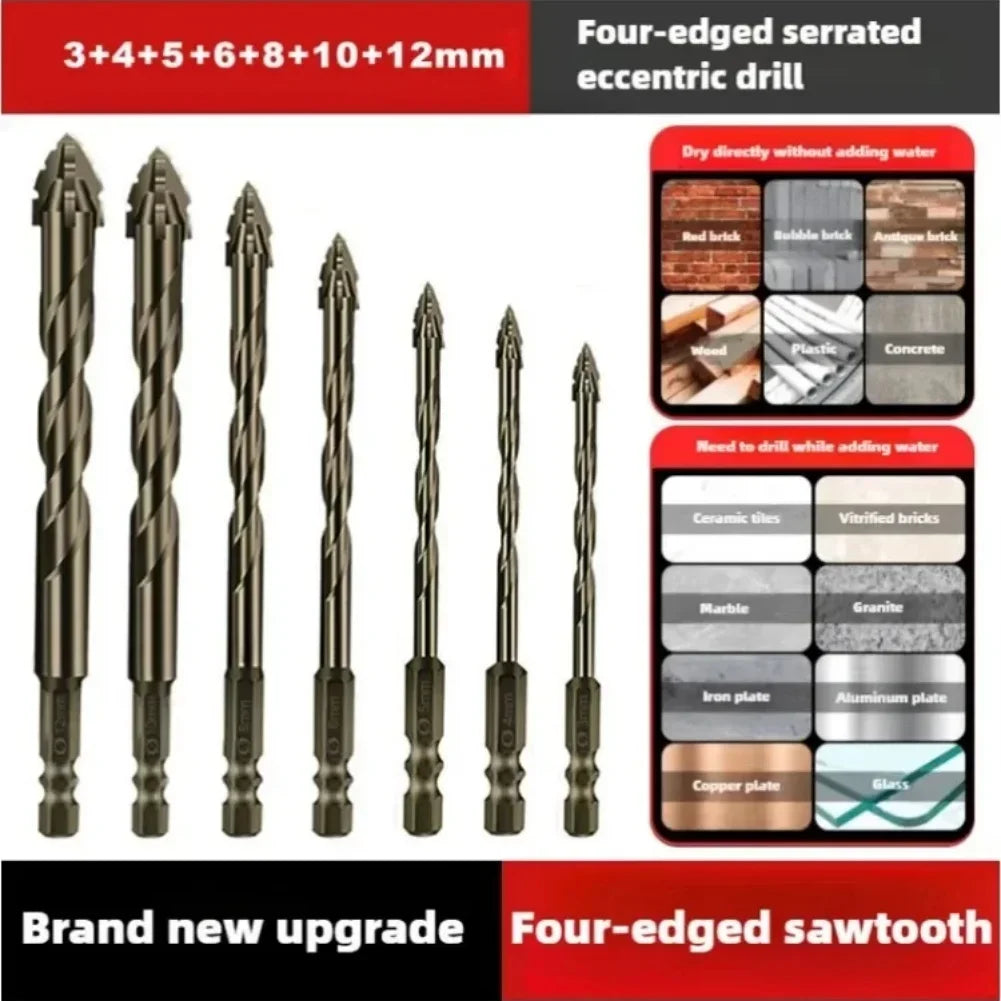 7Pcs Serrated Tooth Drill Bit Set Four-Edged Eccentric High-Hard Alloy Multifunction Tool Glass Cement Metal Ceramic Wood