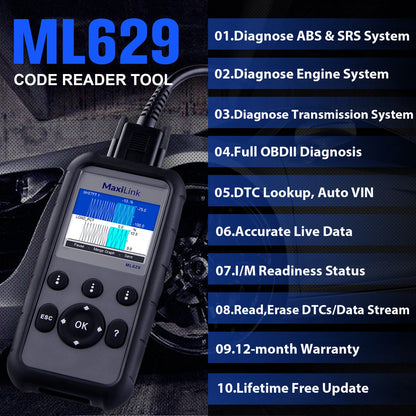  Maxilink ML629 Enhanced CAN OBD2 Scanner with ABS SRS Transmission Engine Diagnosis Auto VIN Scan Tool Check Engine Light