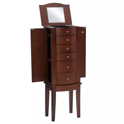 Traditional Wood Jewelry Armoire with 6 Lined Drawers in Merlot Brown