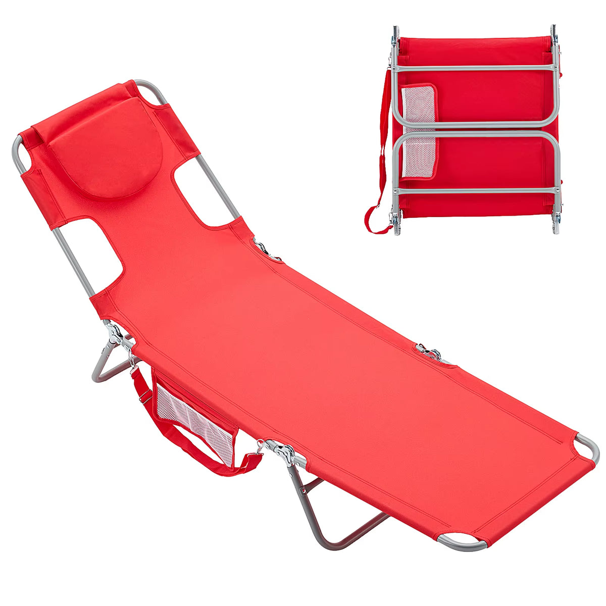 JHK 5-Position Adjustable Reclining Beach Lounge Chair - Portable Folding Sun Chair with Face and Arm Holes, Supports Up to 225 lbs for Patio Use
