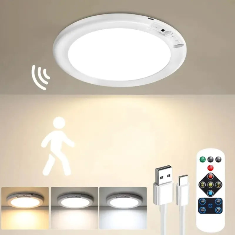 Rechargeable Wireless Motion Sensor Ceiling Light with Remote Control - Battery-Powered Magnetic Fixture for Closets, Showers, and Stairs