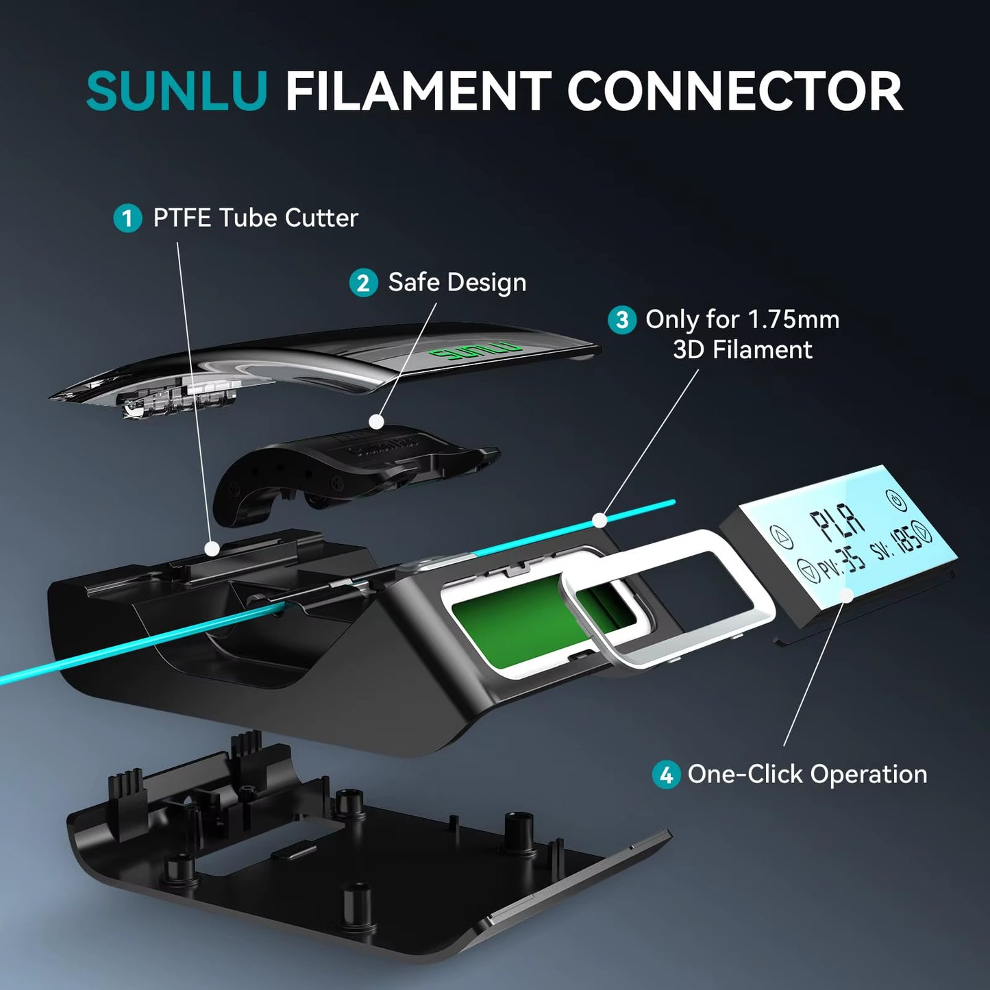 SUNLU Filament Connector for Pla/Petg/Tpu/Abs/Pa/Nylon Filament Splicer with 200Pcs PTFE Sleeve for 3D Printer Filament Heating