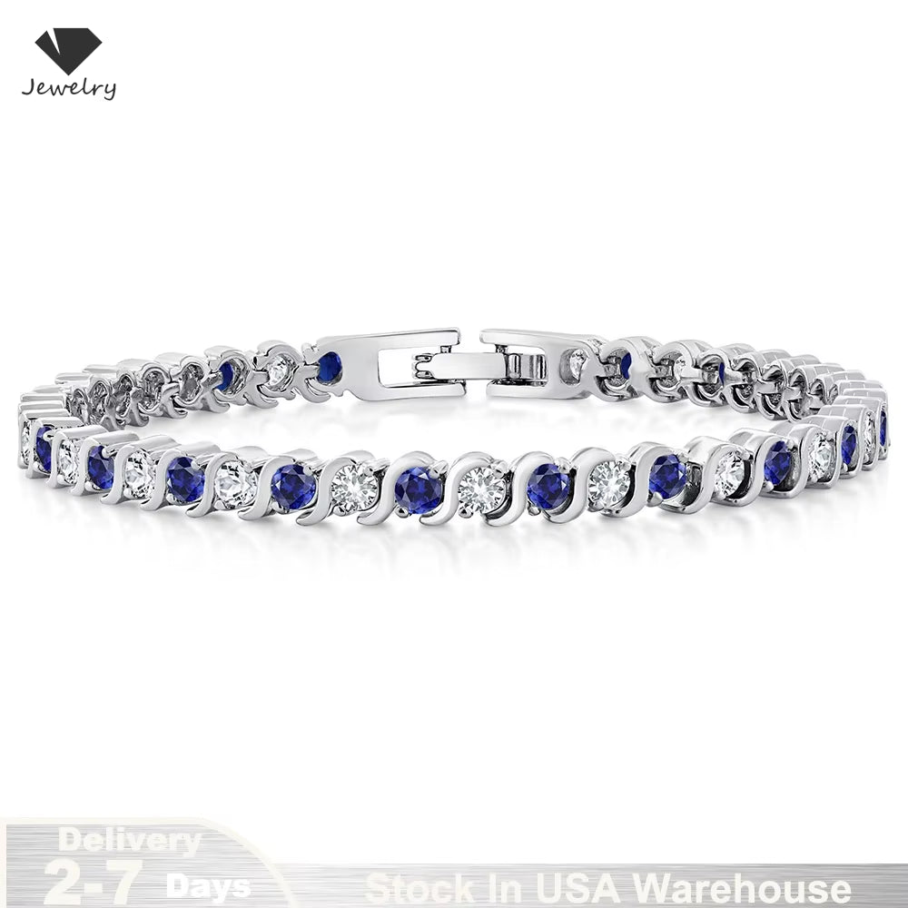 925 Sterling Silver Tennis Bracelet Sapphire Gemstone Blue Stone Bangle for Women Engagement Wedding Fine Jewelry Gift USA Stock