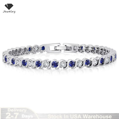925 Sterling Silver Tennis Bracelet Sapphire Gemstone Blue Stone Bangle for Women Engagement Wedding Fine Jewelry Gift USA Stock