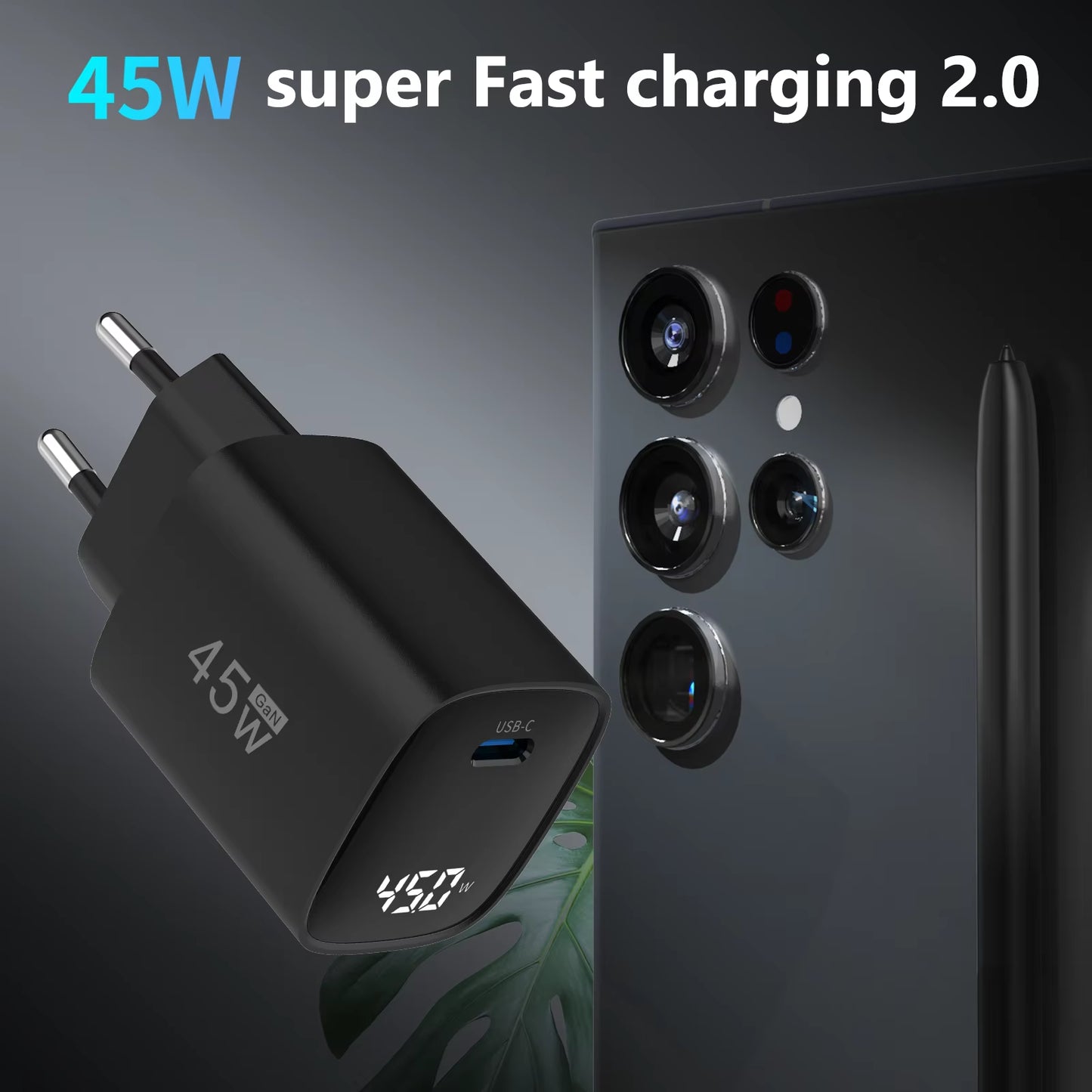 45W USB C Fast Charger with LED Display, Dual Port Fast Charging Charger for Iphone Ipad Sumsamg Series, US EU UK Plug