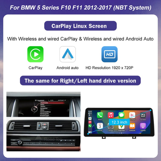 12.3-Inch Ultra-Thin Multimedia Touchscreen for BMW 5 Series F10 F11 CIC NBT EVO System with Wireless CarPlay and Android Auto Integration
