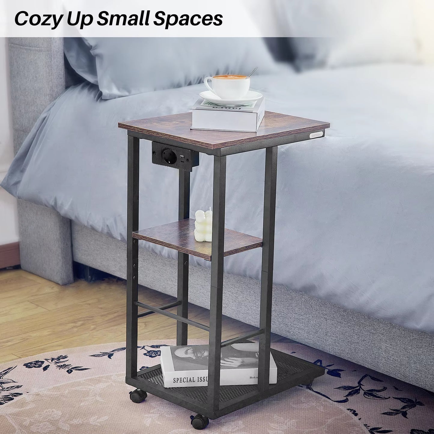 Redlife C Shaped End Table W/ Charging Station Side Table for Couch Sofa Table W/ Storage Shelf & Rolling Wheels for Small Space