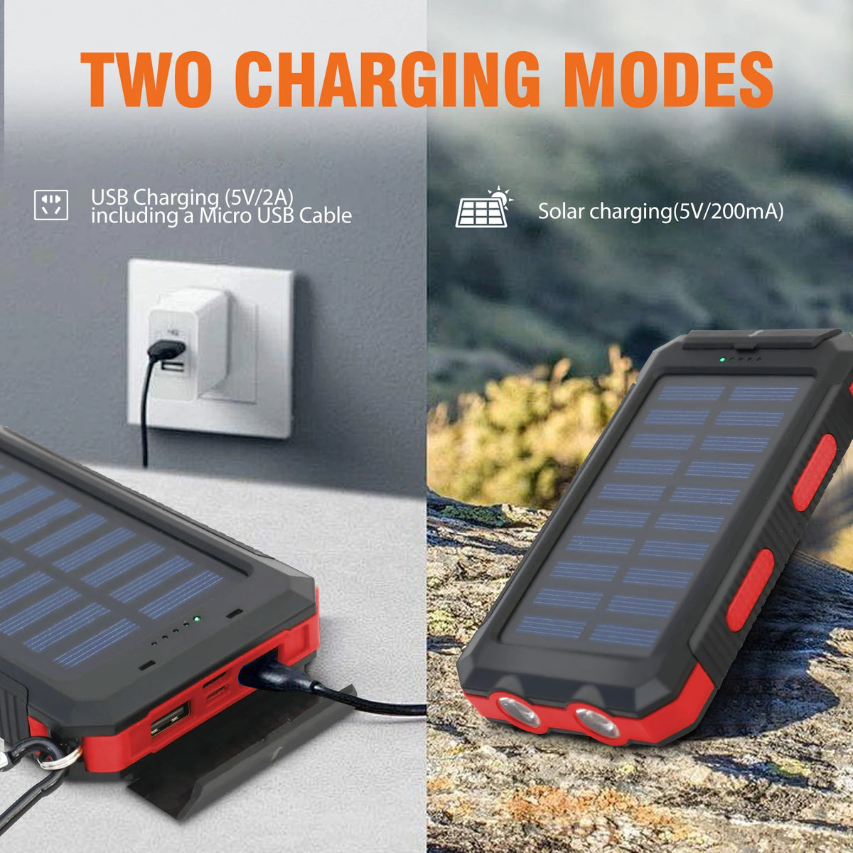 20000mAh Waterproof Solar Power Bank with Dual 5V USB Ports, LED Flashlight, and Compass for Outdoor Camping